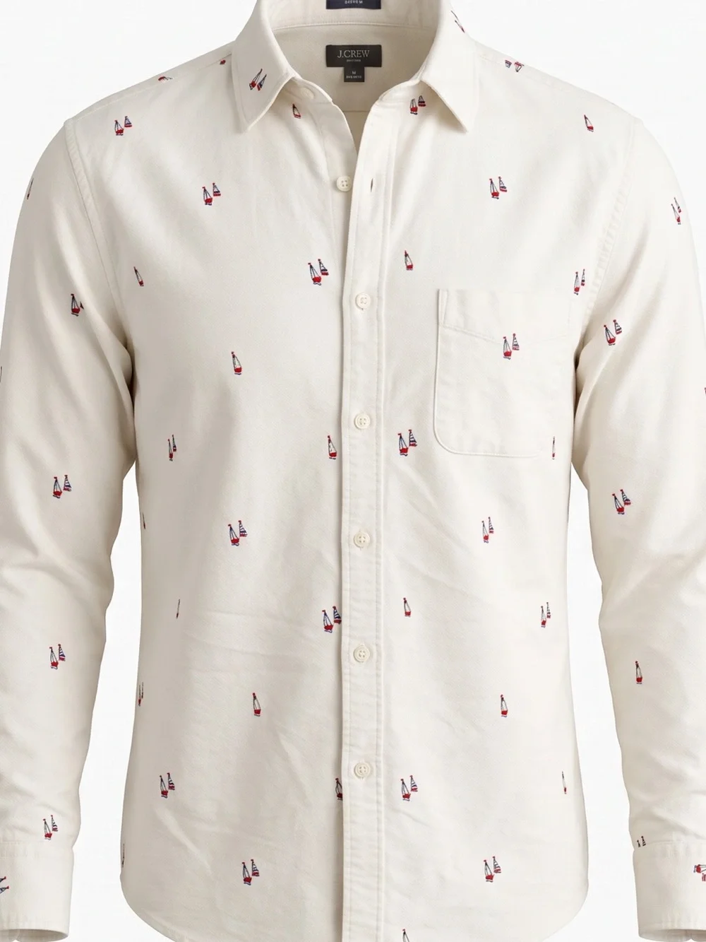 J. Crew White Button-Down Shirt with Navy and Red Sailboat Embroidery Size Larg